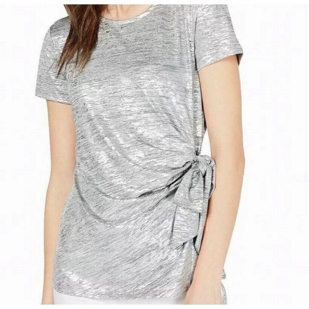Womens MSK Metallic Silver Shirred Knot Front Burnout Tee Shirt - Sz S